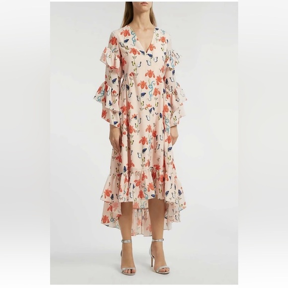 Borgo de Nor Luna Asymmetrical Printed Crepe de Chine Midi Dress in Light Pink - Picture 3 of 11